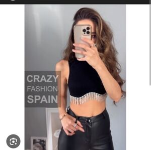 Zara Glittery Black Crop Top with Rhinestone Fringe